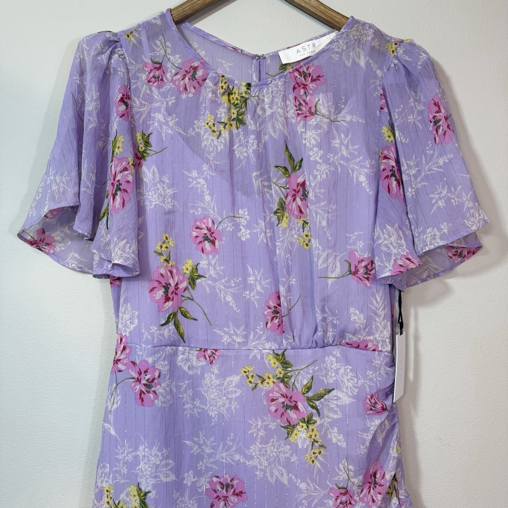 ASTR THE LABEL Asymmetric Ruffle Hem Midi Dress Lilac Purple Floral Size L - Picture 3 of 6